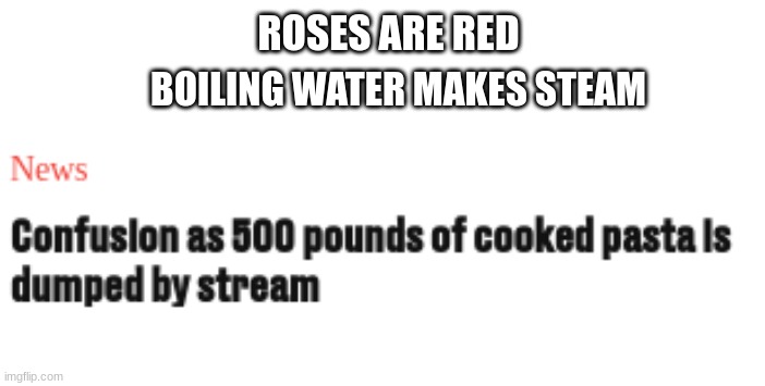 Pasta | ROSES ARE RED; BOILING WATER MAKES STEAM | image tagged in pasta,stupid,memes | made w/ Imgflip meme maker