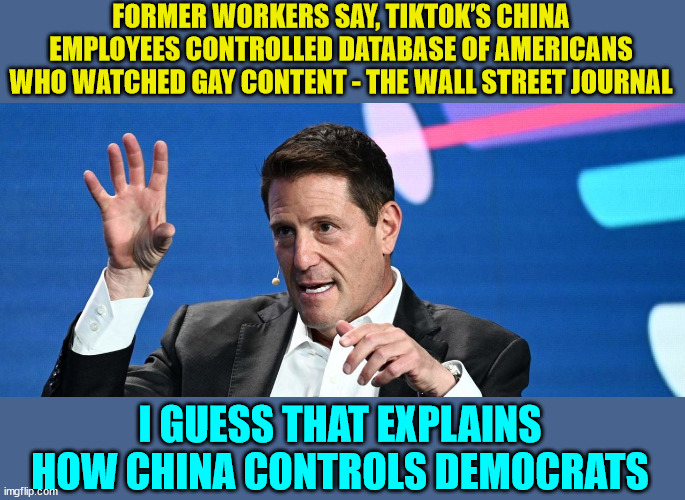 China owns democrats | FORMER WORKERS SAY, TIKTOK’S CHINA EMPLOYEES CONTROLLED DATABASE OF AMERICANS WHO WATCHED GAY CONTENT - THE WALL STREET JOURNAL; I GUESS THAT EXPLAINS HOW CHINA CONTROLS DEMOCRATS | image tagged in tik tok,china,control,democrats | made w/ Imgflip meme maker