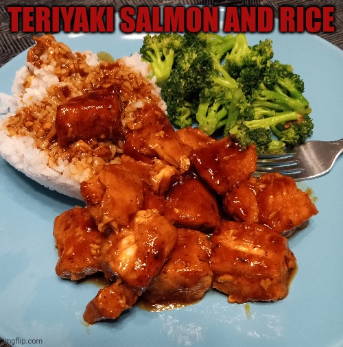 Teriyaki salmon and rice | TERIYAKI SALMON AND RICE | image tagged in food | made w/ Imgflip meme maker