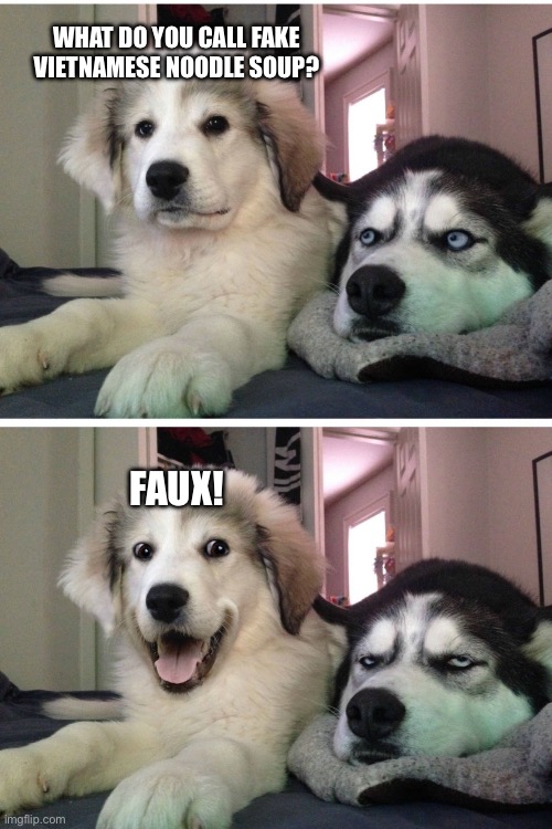 Bad pun dogs | WHAT DO YOU CALL FAKE VIETNAMESE NOODLE SOUP? FAUX! | image tagged in bad pun dogs | made w/ Imgflip meme maker