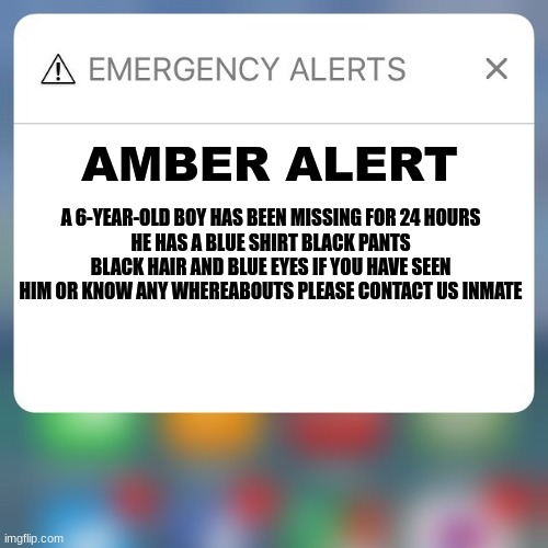 amber alert | AMBER ALERT; A 6-YEAR-OLD BOY HAS BEEN MISSING FOR 24 HOURS
HE HAS A BLUE SHIRT BLACK PANTS BLACK HAIR AND BLUE EYES IF YOU HAVE SEEN HIM OR KNOW ANY WHEREABOUTS PLEASE CONTACT US INMATE | image tagged in emergency alert | made w/ Imgflip meme maker
