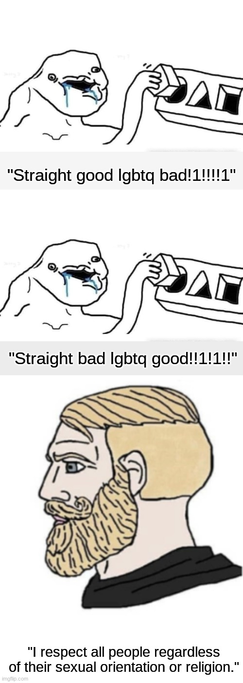 this isn’t a repost. Check the image description | "Straight good lgbtq bad!1!!!!1"; "Straight bad lgbtq good!!1!1!!"; "I respect all people regardless of their sexual orientation or religion." | image tagged in stupid dumb drooling puzzle | made w/ Imgflip meme maker