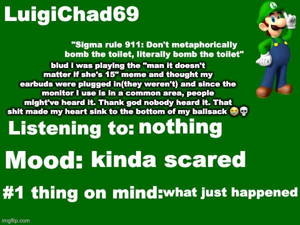 kinda scared me | blud i was playing the "man it doesn't matter if she's 15" meme and thought my earbuds were plugged in(they weren't) and since the monitor I use is in a common area, people might've heard it. Thank god nobody heard it. That shit made my heart sink to the bottom of my ballsack 😭💀; nothing; kinda scared; what just happened | image tagged in luigichad69 announcement temp | made w/ Imgflip meme maker