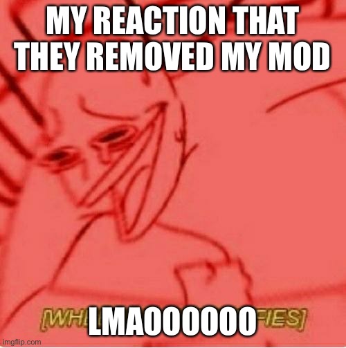 True | MY REACTION THAT THEY REMOVED MY MOD; LMAOOOOOO | image tagged in wheeze | made w/ Imgflip meme maker