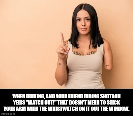 WHEN DRIVING, AND YOUR FRIEND RIDING SHOTGUN YELLS "WATCH OUT!" THAT DOESN'T MEAN TO STICK YOUR ARM WITH THE WRISTWATCH ON IT OUT THE WINDOW. | image tagged in woman with one arm | made w/ Imgflip meme maker