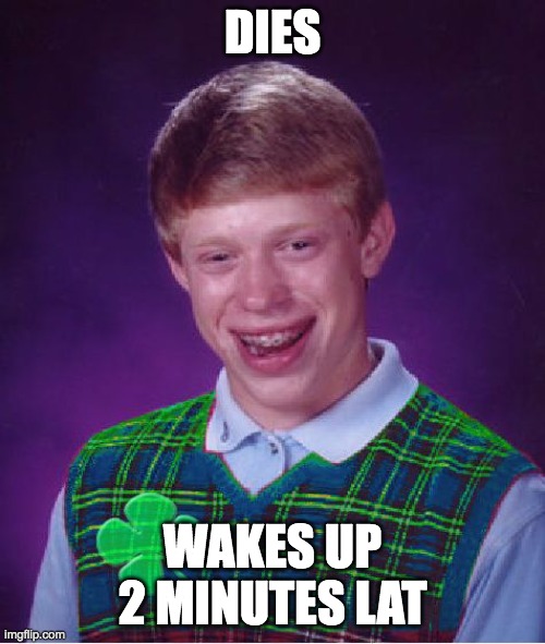 DIES | DIES; WAKES UP 2 MINUTES LATER | image tagged in good luck brian | made w/ Imgflip meme maker