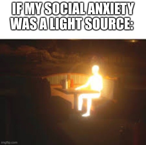 I DON'T LIKE PRESENTATIONS | IF MY SOCIAL ANXIETY WAS A LIGHT SOURCE: | image tagged in glowing man sitting on bench | made w/ Imgflip meme maker