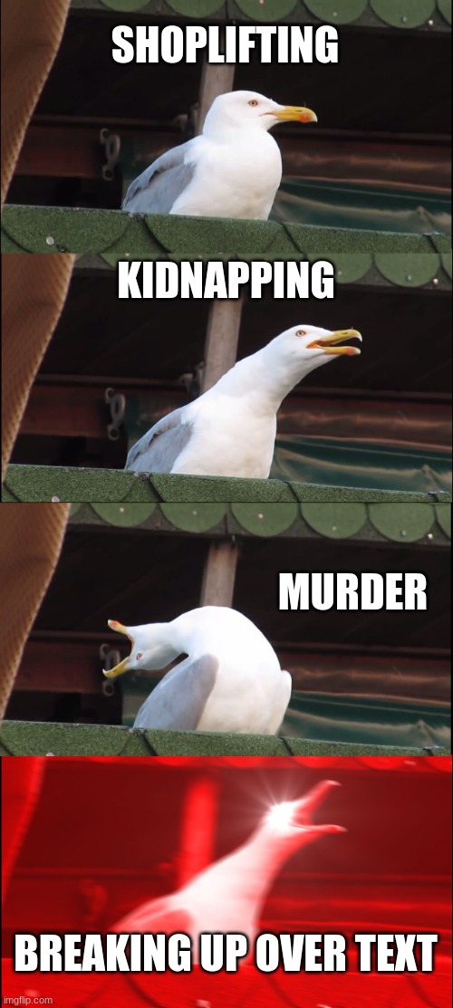 Inhaling Seagull Meme | SHOPLIFTING; KIDNAPPING; MURDER; BREAKING UP OVER TEXT | image tagged in memes,inhaling seagull | made w/ Imgflip meme maker