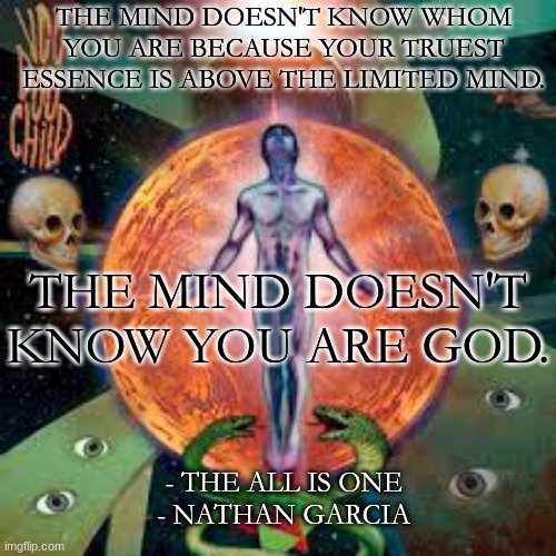 THE MIND DOESN'T KNOW WHOM YOU ARE BECAUSE YOUR TRUEST ESSENCE IS ABOVE THE LIMITED MIND. THE MIND DOESN'T KNOW YOU ARE GOD. - THE ALL IS ONE
- NATHAN GARCIA | image tagged in spirituality | made w/ Imgflip meme maker