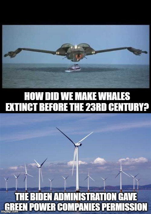 Star Trek 4 returns the whales | HOW DID WE MAKE WHALES EXTINCT BEFORE THE 23RD CENTURY? THE BIDEN ADMINISTRATION GAVE GREEN POWER COMPANIES PERMISSION | image tagged in green new deal,democrats,energy | made w/ Imgflip meme maker