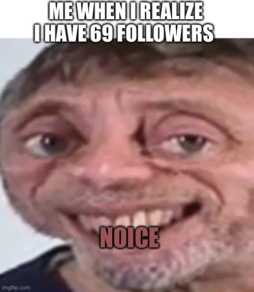Noice | ME WHEN I REALIZE I HAVE 69 FOLLOWERS; NOICE | image tagged in noice | made w/ Imgflip meme maker