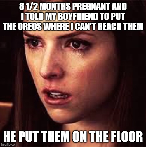 This is soooo mean- | 8 1/2 MONTHS PREGNANT AND I TOLD MY BOYFRIEND TO PUT THE OREOS WHERE I CAN'T REACH THEM; HE PUT THEM ON THE FLOOR | image tagged in first world problems - anna | made w/ Imgflip meme maker