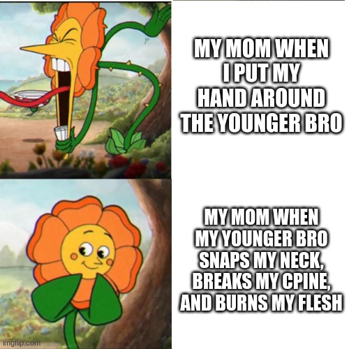 WHY | MY MOM WHEN I PUT MY HAND AROUND THE YOUNGER BRO; MY MOM WHEN MY YOUNGER BRO SNAPS MY NECK, BREAKS MY CPINE, AND BURNS MY FLESH | image tagged in cuphead flower,moms,what,please downvote,this is a meme | made w/ Imgflip meme maker