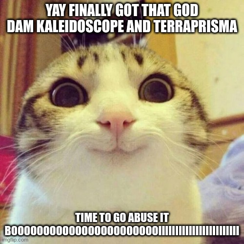 Smiling Cat | YAY FINALLY GOT THAT GOD DAM KALEIDOSCOPE AND TERRAPRISMA; TIME TO GO ABUSE IT BOOOOOOOOOOOOOOOOOOOOOOOIIIIIIIIIIIIIIIIIIIIIIII | image tagged in memes,smiling cat | made w/ Imgflip meme maker