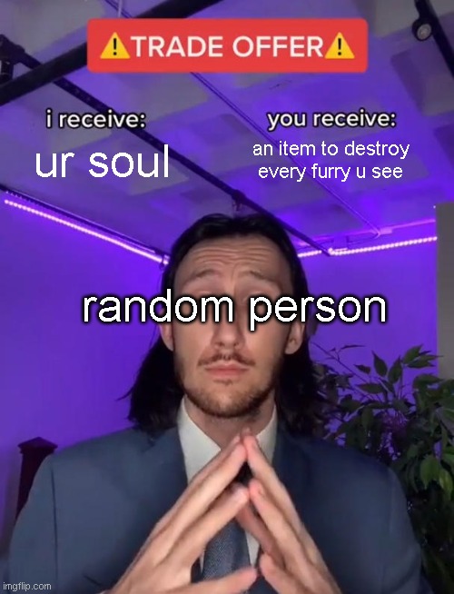 offer | ur soul; an item to destroy every furry u see; random person | image tagged in trade offer | made w/ Imgflip meme maker