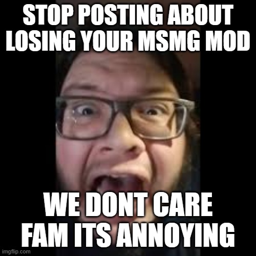 Just ask the owners for it  | STOP POSTING ABOUT LOSING YOUR MSMG MOD; WE DONT CARE FAM ITS ANNOYING | image tagged in stop posting about among us | made w/ Imgflip meme maker