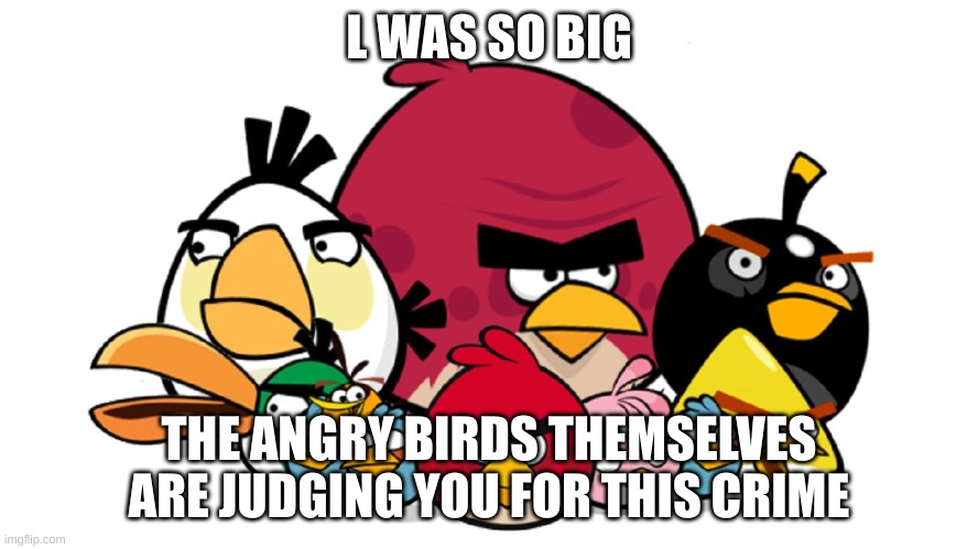 Varry Angry Birds | L WAS SO BIG THE ANGRY BIRDS THEMSELVES ARE JUDGING YOU FOR THIS CRIME | image tagged in varry angry birds | made w/ Imgflip meme maker