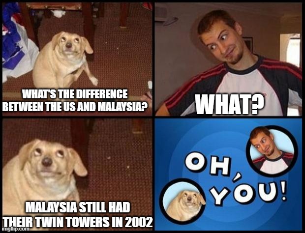 Is this political in any way? | WHAT? WHAT'S THE DIFFERENCE BETWEEN THE US AND MALAYSIA? MALAYSIA STILL HAD THEIR TWIN TOWERS IN 2002 | image tagged in oh you,dog,stop reading the tags,i said stop | made w/ Imgflip meme maker