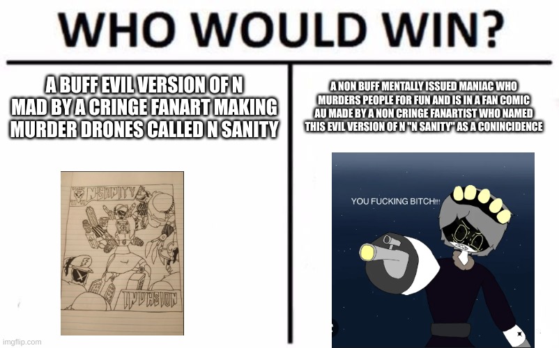 Who Would Win? Meme | A BUFF EVIL VERSION OF N MAD BY A CRINGE FANART MAKING MURDER DRONES CALLED N SANITY; A NON BUFF MENTALLY ISSUED MANIAC WHO MURDERS PEOPLE FOR FUN AND IS IN A FAN COMIC AU MADE BY A NON CRINGE FANARTIST WHO NAMED THIS EVIL VERSION OF N "N SANITY" AS A CONINCIDENCE | image tagged in memes,who would win,murder drones,lol so funny | made w/ Imgflip meme maker