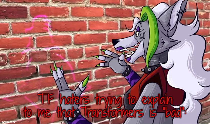Roxy talking to a wall | TF haters trying to explain to me that Transformers is "bad": | image tagged in roxy talking to a wall | made w/ Imgflip meme maker
