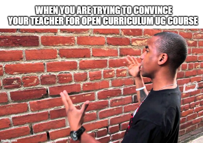 OPEN CURRICULUM COURSE ARE UNDERRATED | WHEN YOU ARE TRYING TO CONVINCE YOUR TEACHER FOR OPEN CURRICULUM UG COURSE | image tagged in talking to wall | made w/ Imgflip meme maker