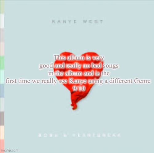 This album is very good and really no bad songs in the album and is the first time we really see Kanye using a different Genre 
9/10 | made w/ Imgflip meme maker