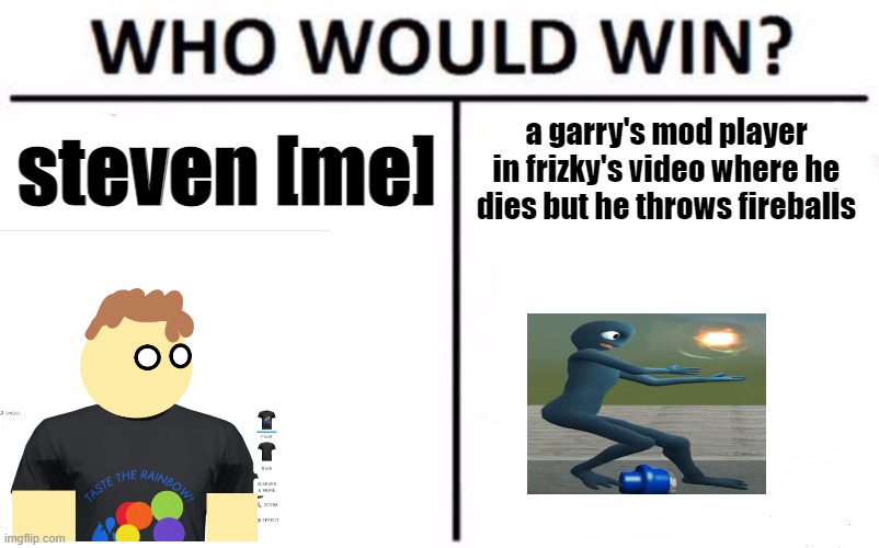 Who Would Win? | steven [me]; a garry's mod player in frizky's video where he dies but he throws fireballs | image tagged in memes,who would win,steven,player | made w/ Imgflip meme maker