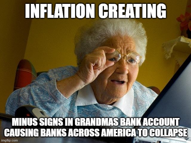 Grandma Finds The Internet Meme | INFLATION CREATING; MINUS SIGNS IN GRANDMAS BANK ACCOUNT CAUSING BANKS ACROSS AMERICA TO COLLAPSE | image tagged in memes,grandma finds the internet | made w/ Imgflip meme maker