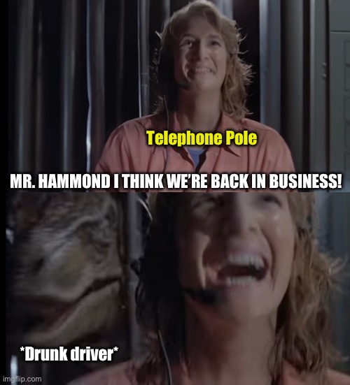 Behind the Scenes During a Power Outage | Telephone Pole; MR. HAMMOND I THINK WE’RE BACK IN BUSINESS! *Drunk driver* | image tagged in jurassic park,power outage | made w/ Imgflip meme maker