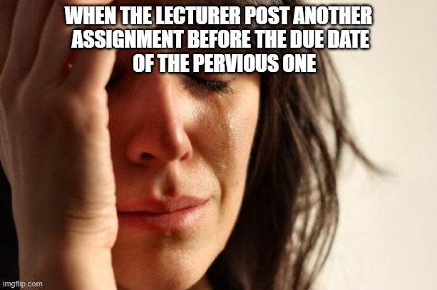 First World Problems Meme | WHEN THE LECTURER POST ANOTHER
  ASSIGNMENT BEFORE THE DUE DATE 
   OF THE PERVIOUS ONE | image tagged in memes,first world problems | made w/ Imgflip meme maker