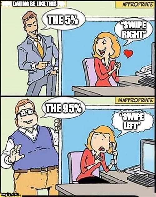 dating be like | DATING BE LIKE THIS; THE 5%; “SWIPE 
RIGHT”; THE 95%; “SWIPE LEFT” | image tagged in dating | made w/ Imgflip meme maker