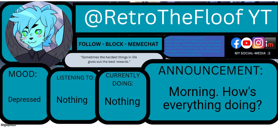 Retrothefloof's Announcement Template (by SimoTheFinlandized) | Morning. How's everything doing? Depressed; Nothing; Nothing | image tagged in retrothefloof's announcement template by simothefinlandized | made w/ Imgflip meme maker