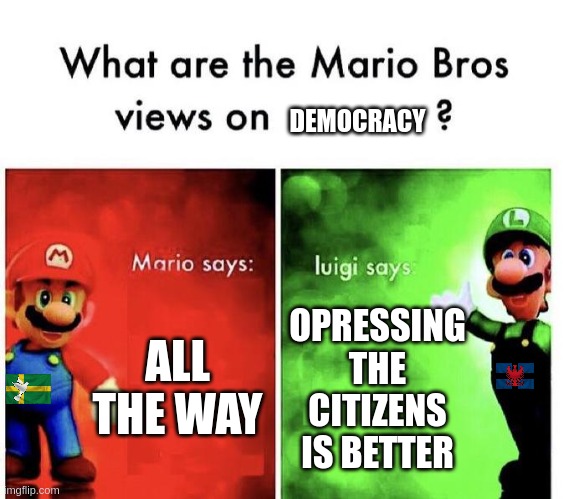 Ignore the random flags I plastered on their abdomens | DEMOCRACY; ALL THE WAY; OPRESSING THE CITIZENS IS BETTER | image tagged in mario bros views | made w/ Imgflip meme maker