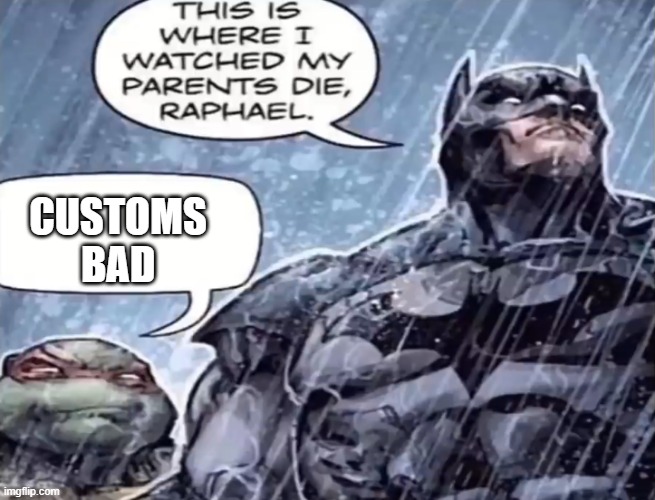 This is where I watch my parents die Raphael | CUSTOMS BAD | image tagged in this is where i watch my parents die raphael | made w/ Imgflip meme maker