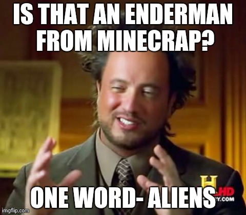 Ancient Aliens | IS THAT AN ENDERMAN FROM MINECRAP? ONE WORD- ALIENS | image tagged in memes,ancient aliens | made w/ Imgflip meme maker