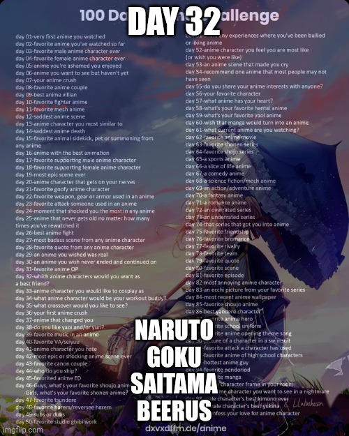 We will run the block! | DAY 32; NARUTO
GOKU
SAITAMA
BEERUS | image tagged in 100 day anime challenge | made w/ Imgflip meme maker