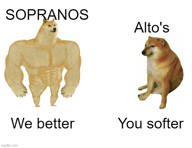 Music Parts | SOPRANOS; Alto's; We better; You softer | image tagged in memes,buff doge vs cheems | made w/ Imgflip meme maker