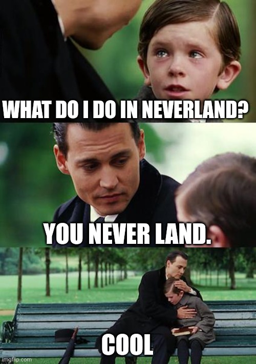 You will never land forever | WHAT DO I DO IN NEVERLAND? YOU NEVER LAND. COOL | image tagged in memes,finding neverland | made w/ Imgflip meme maker