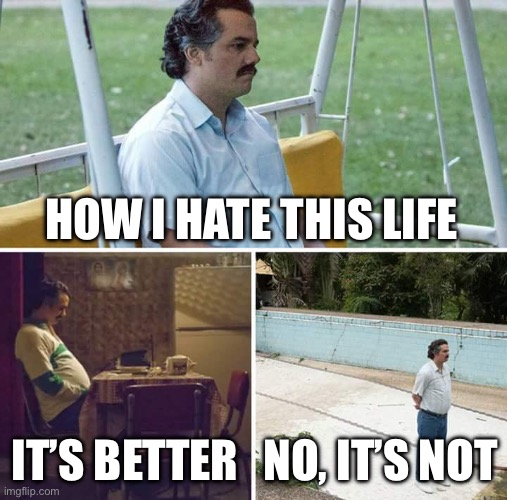 Sad Pablo Escobar | HOW I HATE THIS LIFE; IT’S BETTER; NO, IT’S NOT | image tagged in memes,sad pablo escobar | made w/ Imgflip meme maker