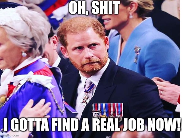 Coronation | OH, SHIT; I GOTTA FIND A REAL JOB NOW! | image tagged in memes,coronation,prince harry,king charles,uk,united kingdom | made w/ Imgflip meme maker