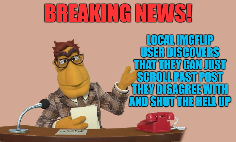 breaking news | BREAKING NEWS! LOCAL IMGFLIP USER DISCOVERS THAT THEY CAN JUST SCROLL PAST POST THEY DISAGREE WITH AND SHUT THE HELL UP | image tagged in news,kewlew | made w/ Imgflip meme maker