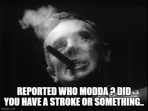 General Ripper (Dr. Strangelove) | REPORTED WHO MODDA ? DID YOU HAVE A STROKE OR SOMETHING.. | image tagged in general ripper dr strangelove | made w/ Imgflip meme maker