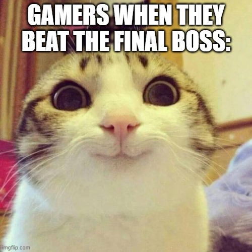 Cat Gamers | GAMERS WHEN THEY BEAT THE FINAL BOSS: | image tagged in memes,smiling cat | made w/ Imgflip meme maker