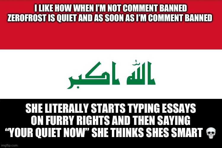 She hit me with that iq 21 | I LIKE HOW WHEN I’M NOT COMMENT BANNED ZEROFROST IS QUIET AND AS SOON AS I’M COMMENT BANNED; SHE LITERALLY STARTS TYPING ESSAYS ON FURRY RIGHTS AND THEN SAYING “YOUR QUIET NOW” SHE THINKS SHES SMART 💀 | image tagged in flag of iraq | made w/ Imgflip meme maker
