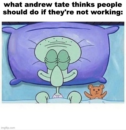 fr | what andrew tate thinks people should do if they're not working: | image tagged in squidward how i sleep | made w/ Imgflip meme maker