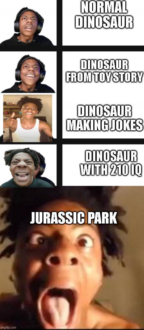 NORMAL DINOSAUR; DINOSAUR FROM TOY STORY; DINOSAUR MAKING JOKES; DINOSAUR WITH 210 IQ; JURASSIC PARK | image tagged in ishowspeed disappointment,ishowspeed rage | made w/ Imgflip meme maker