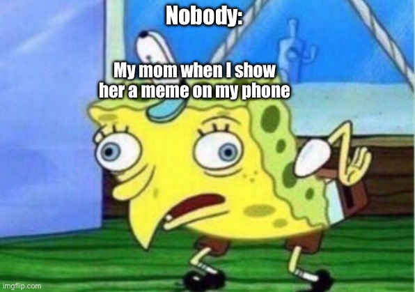 Mocking Spongebob | Nobody:; My mom when I show her a meme on my phone | image tagged in memes,mocking spongebob,funny | made w/ Imgflip meme maker