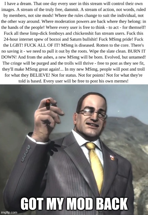 MSmg Armstrong Copypasta | GOT MY MOD BACK | image tagged in msmg armstrong copypasta | made w/ Imgflip meme maker