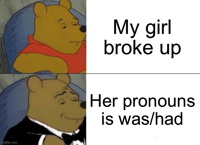 Tuxedo Winnie The Pooh | My girl broke up; Her pronouns is was/had | image tagged in memes,tuxedo winnie the pooh | made w/ Imgflip meme maker