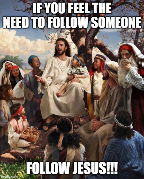 Story Time Jesus | IF YOU FEEL THE NEED TO FOLLOW SOMEONE; FOLLOW JESUS!!! | image tagged in story time jesus | made w/ Imgflip meme maker